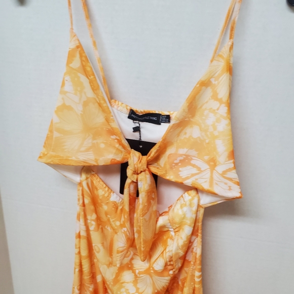Pretty Little Things Orange Yellow Sexy Butterfly Dress Tie Front Ruched Mesh - Picture 2 of 8